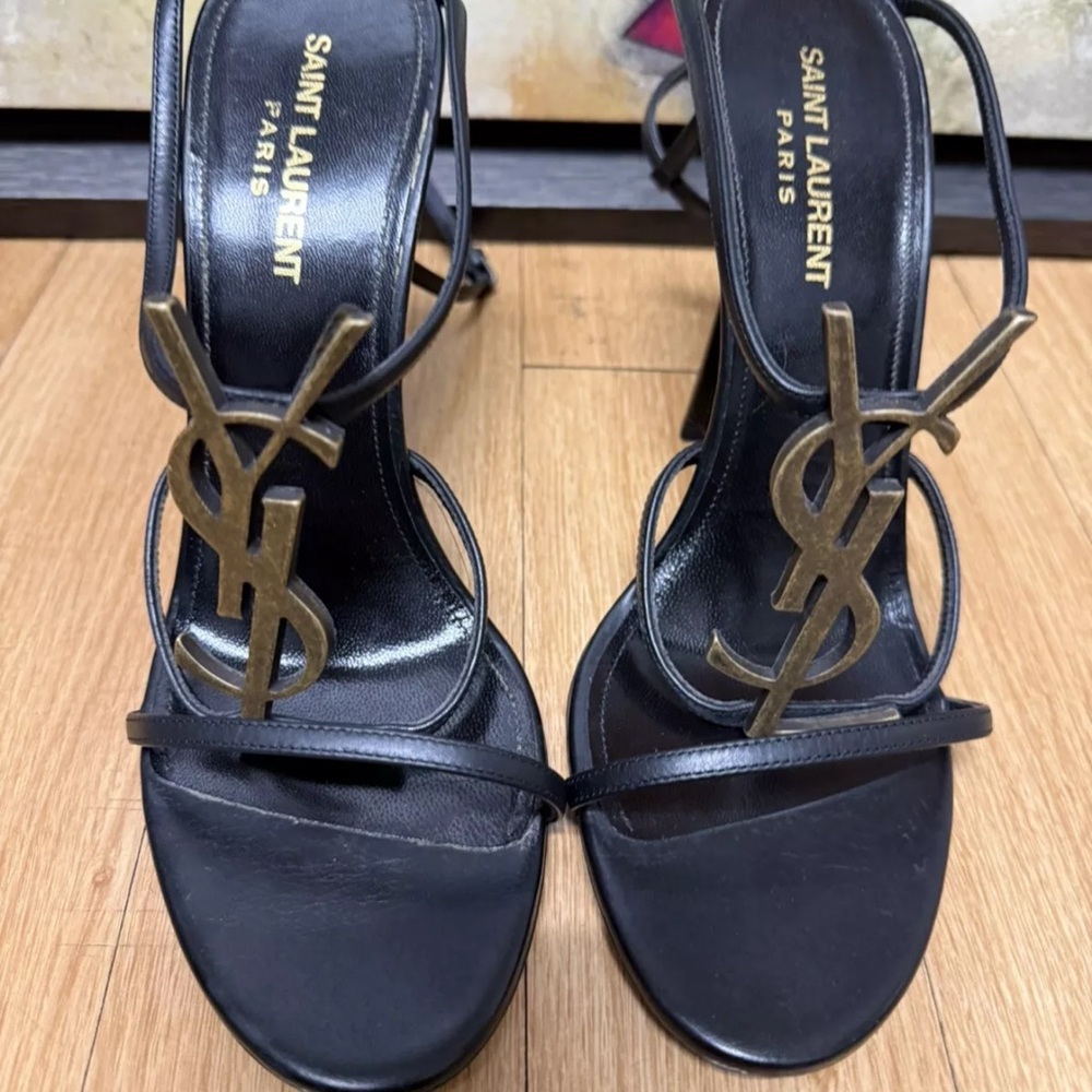 Saint Laurent Cassandra Black Leather Monogram Heel Slingback Sandals